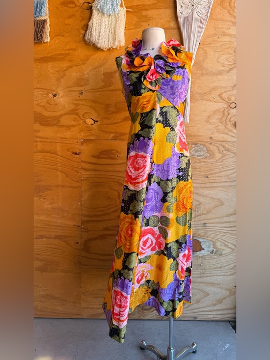 Dresses & Skirts - Vintage 1960s Aline Maxi Dress with Ruffle Neckline Gold Metallic Flower Power